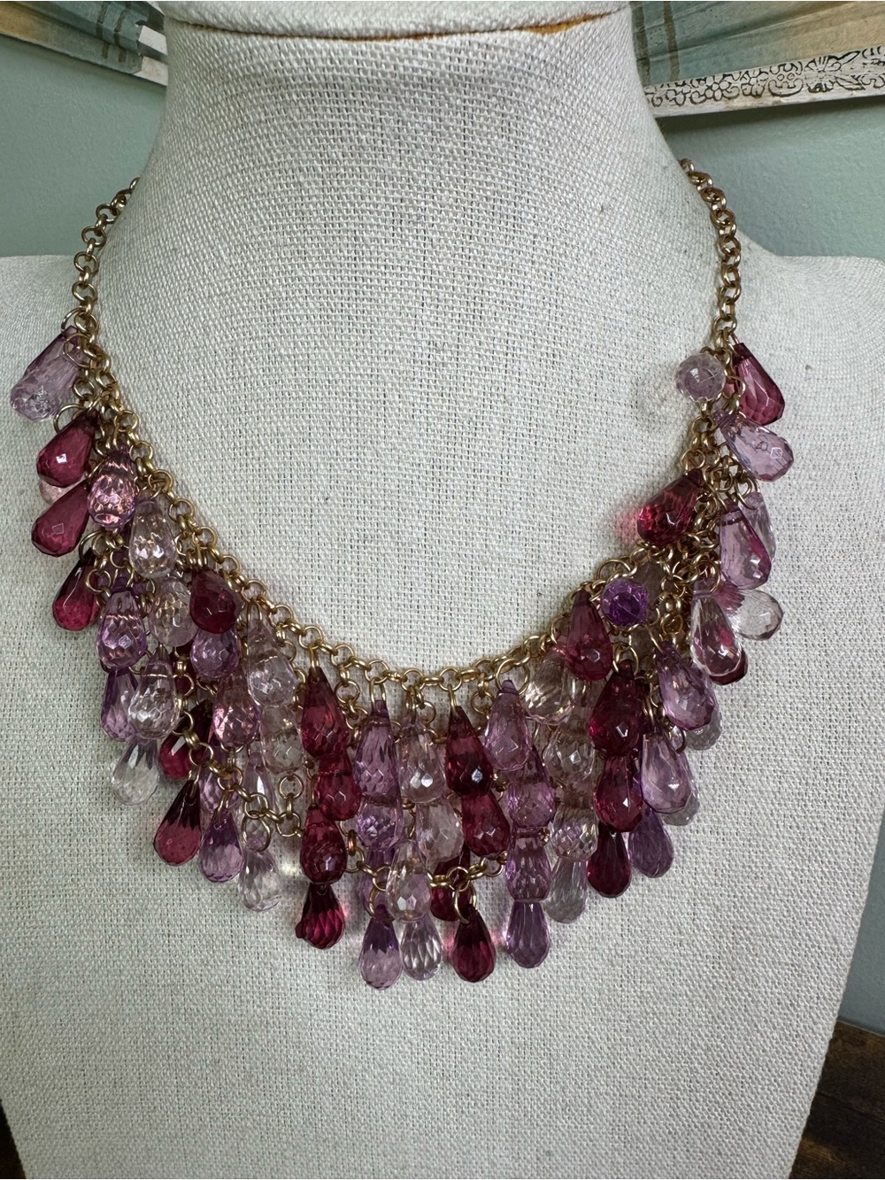 Women’s Gold-Tone Necklace with Pink and Plum Acrylic Teardrops